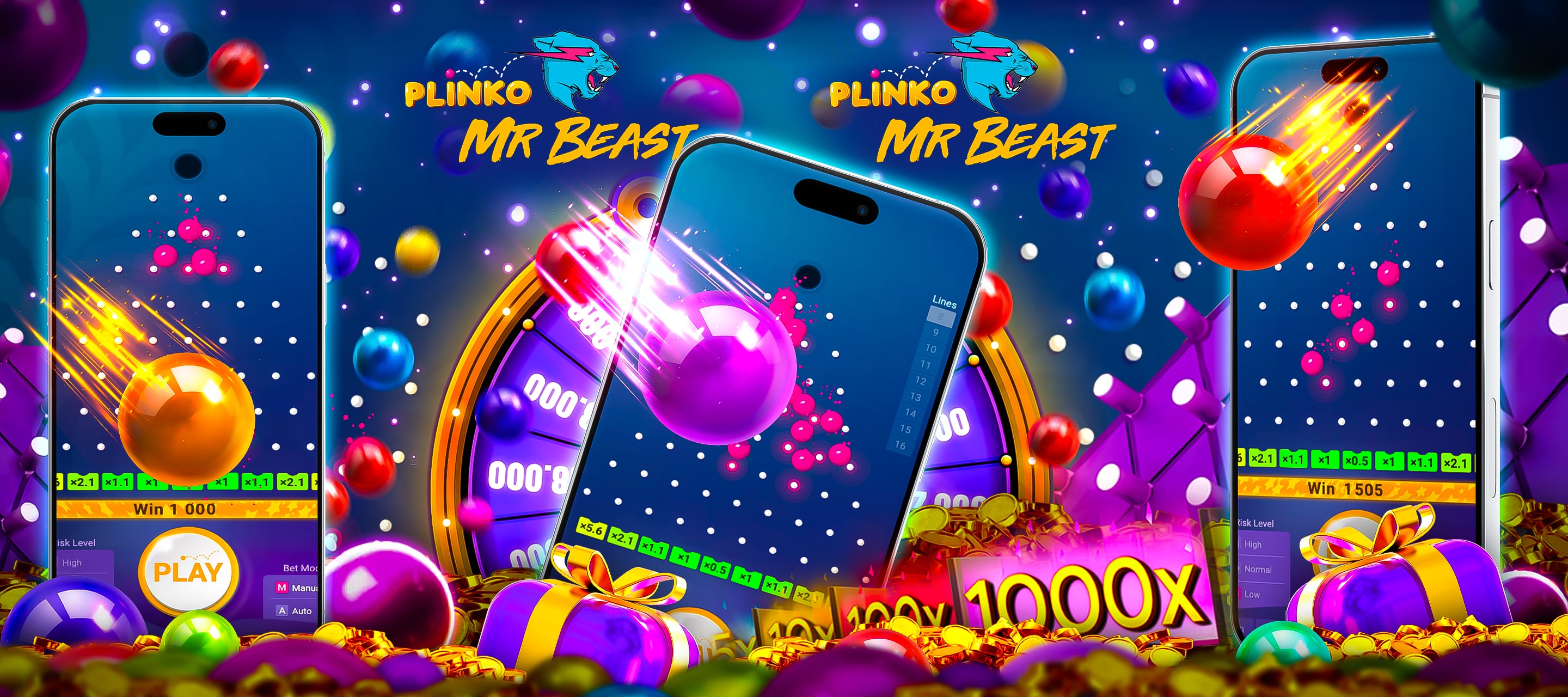 Colorful Plinko Mr Beast game interface featuring vibrant balls, a spinning prize wheel, and mobile gameplay with winning rewards displayed.